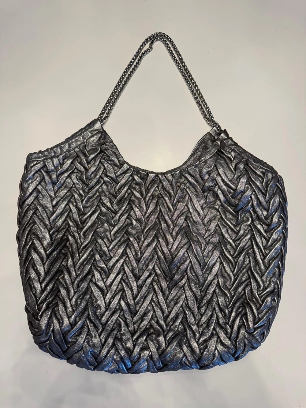 Elie Tahari Beverly Quilted Braided Leather Shoulder Bag in Silver